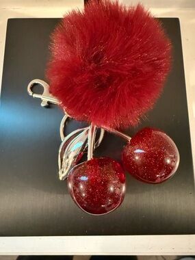 Red Cherry Pom Pom Keychain Charm